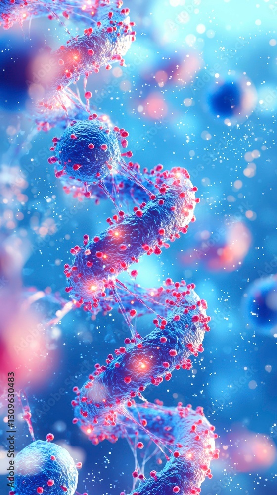 Spiral Strand of Genetic Material Abstract Representation with Red Accents and Blue Tones Spiral Strand of Genetic Material Abstract Representation with Red Accents and Blue Tones