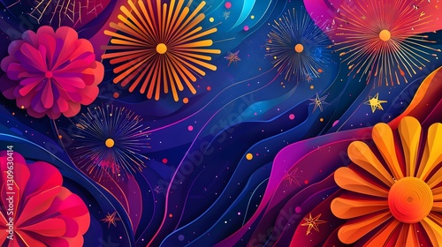 Futuristic digital inspired paper cut fireworks display in vibrant colors and dynamic patterns creating a spectacular visual for 2026 and events