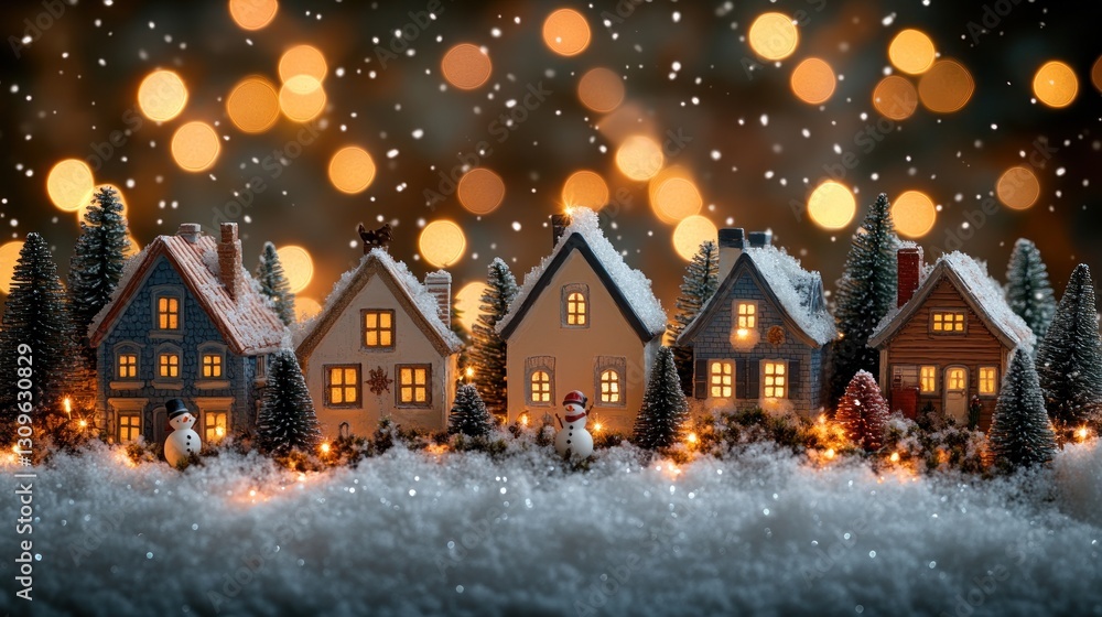 Fototapeta premium Snowy Christmas Village Lights