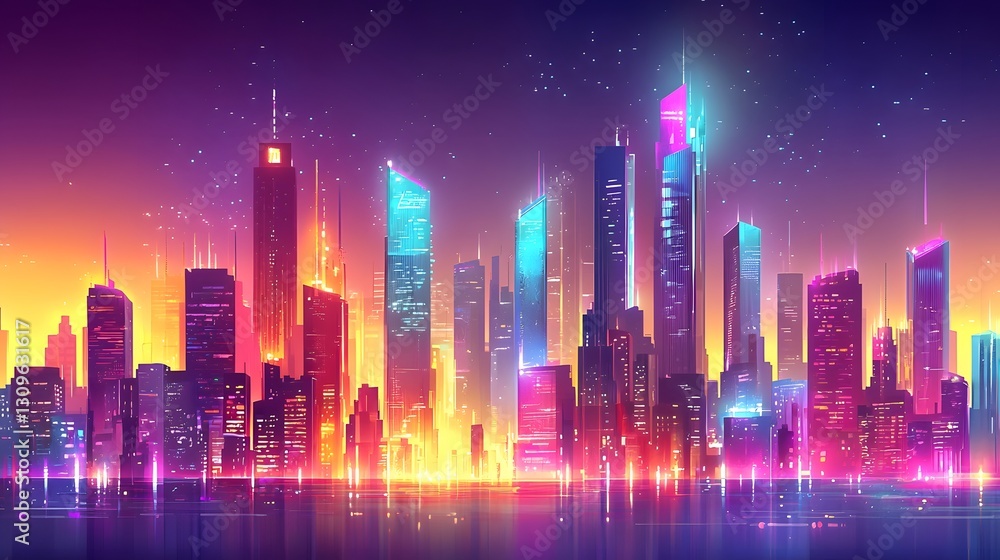 Futuristic glowing skyline with vibrant neon lights and towering skyscrapers symbolizing the bright future of leadership innovation and business efficiency Futuristic glowing skyline with vibrant neon lights and towering skyscrapers symbolizing the bright future of leadership innovation and business efficiency