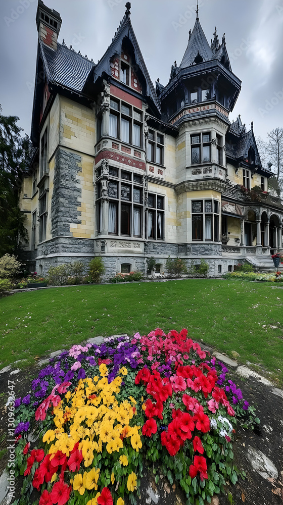 Obraz premium Majestic Stone Mansion with Vibrant Flowerbed