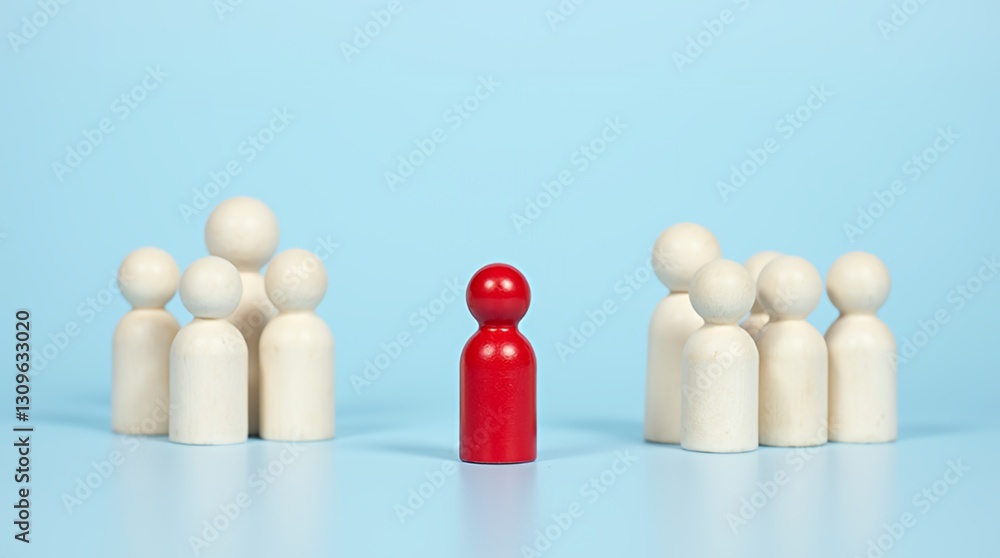 Standing Out: A vibrant red figure boldly distinguishes itself, standing alone amidst two separate groups of neutral figures. Standing Out: A vibrant red figure boldly distinguishes itself, standing alone amidst two separate groups of neutral figures.