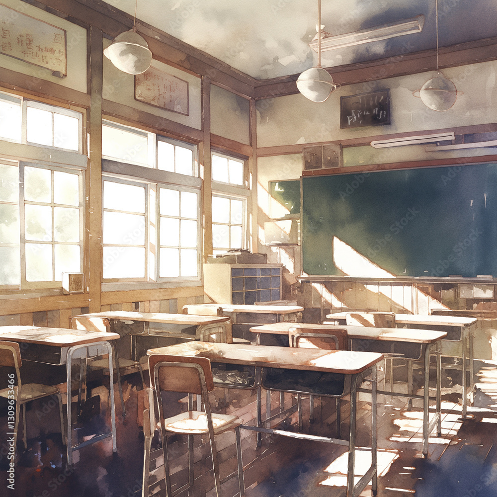 Fototapeta premium 放課後の教室｜柔らかな陽射しが差し込むノスタルジックな学校の風景