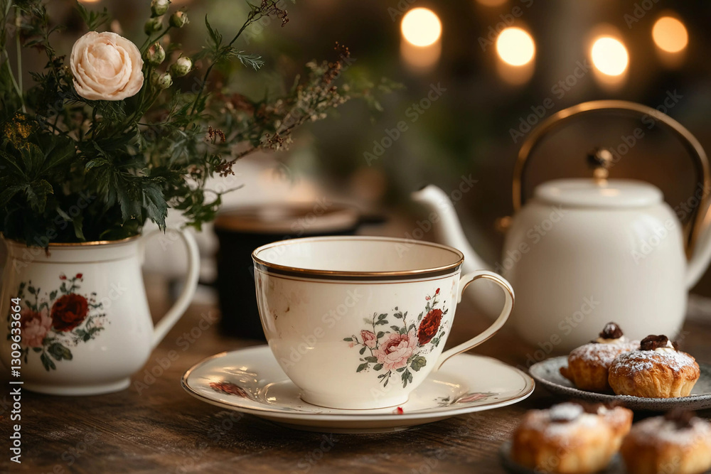 Elegant tea set with pastries and flowers arranged on a rustic wooden table in a cozy atmosphere during an afternoon gathering Elegant tea set with pastries and flowers arranged on a rustic wooden table in a cozy atmosphere during an afternoon gathering