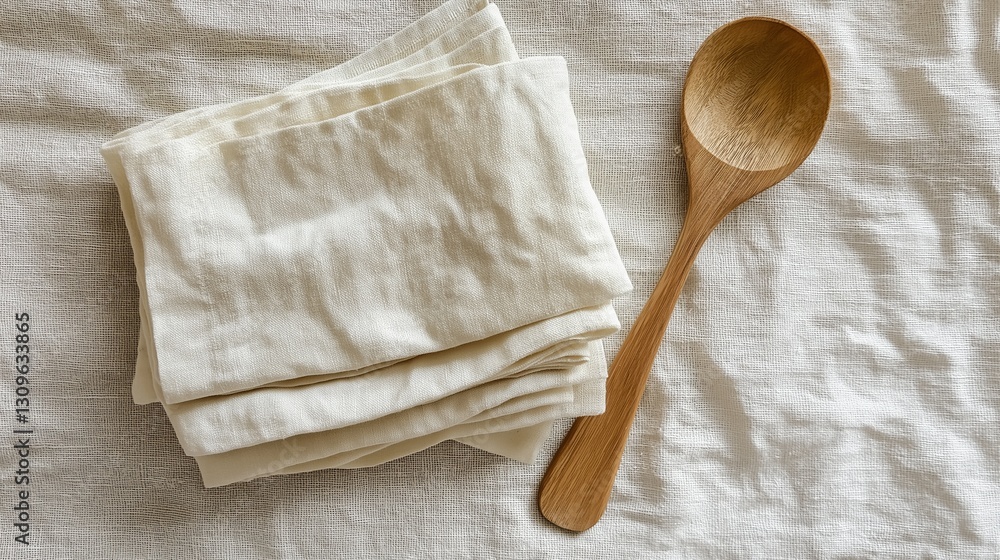 Stack of folded white napkins on a white textured surface. on the right side of the image, there is a wooden spoon with a light brown handle. Stack of folded white napkins on a white textured surface. on the right side of the image, there is a wooden spoon with a light brown handle.