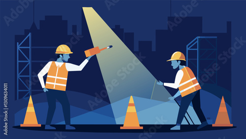 Two workers in reflective hard hats using a powerful spotlight to inspect the structural integrity of a building under renovation at night.. Vector illustration