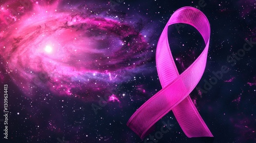 Pink Ribbon Floating Against a Galaxy of Hope and Awareness Shining in the Cosmic Dark Backdrop