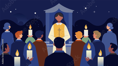 In the peaceful hush of the candlelit service the congregation felt a deep sense of spiritual connection.. Vector illustration