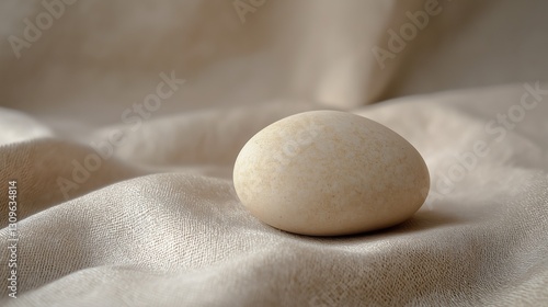 Close-up of a single egg lying on a beige fabric. the egg is round and smooth, with a light brown color and a speckled texture.