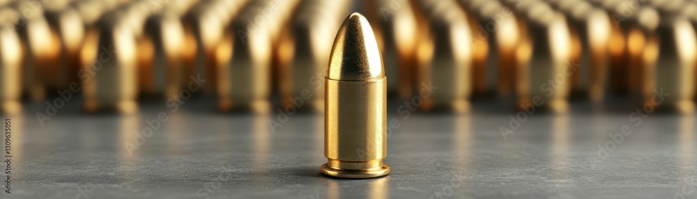 Isolated bullet in focus, detailed closeup with blurred background of abundant ammunition on wooden table Isolated bullet in focus, detailed closeup with blurred background of abundant ammunition on wooden table