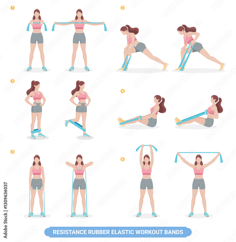 Fototapeta premium Resistance rubber elastic women workout bands exercise illustration