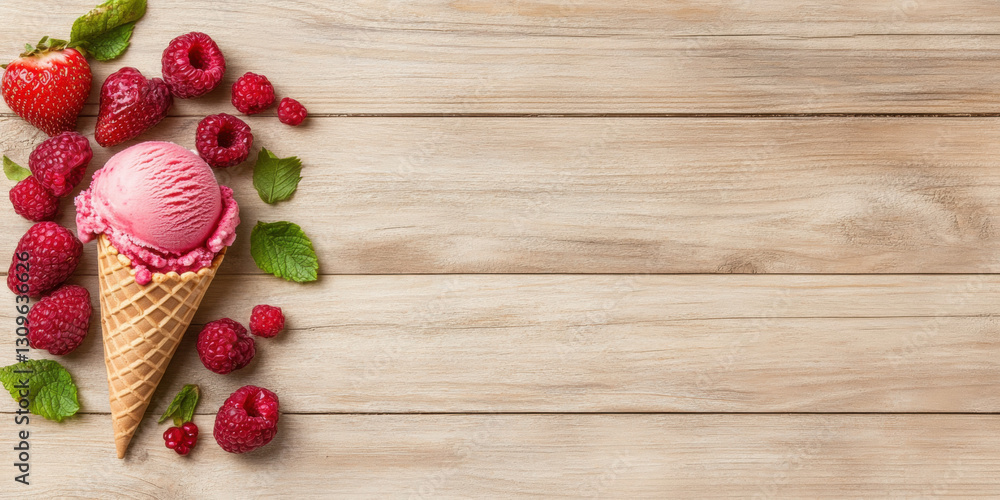 A vibrant strawberry ice cream cone topped with fresh berries, perfect for dessert lovers. A vibrant strawberry ice cream cone topped with fresh berries, perfect for dessert lovers.