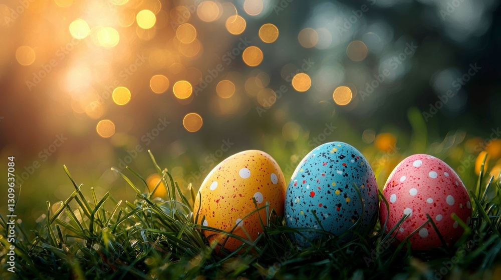 Easter Eggs in Spring Grass Golden Hour Celebration Festive Holiday Treats and Decoration Outdoors Easter Eggs in Spring Grass Golden Hour Celebration Festive Holiday Treats and Decoration Outdoors