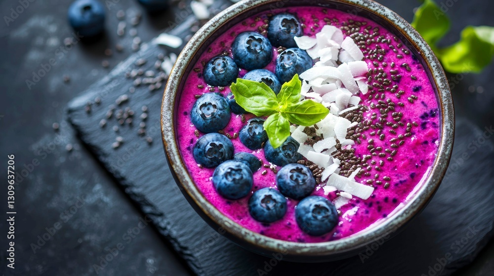 Colorful Smoothie Bowl Topped with Fresh Blueberries Coconut Flakes Chia Seeds and Basil on Dark Slate Colorful Smoothie Bowl Topped with Fresh Blueberries Coconut Flakes Chia Seeds and Basil on Dark Slate