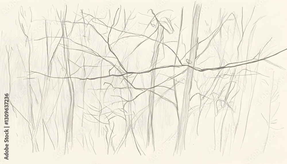Fototapeta premium Sketch of leafless trees in winter, minimalist line drawing, delicate pencil strokes depicting a tranquil forest scene.