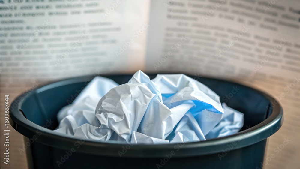 Crumpled paper in trash bin with blurred background creates sense of waste and clutter