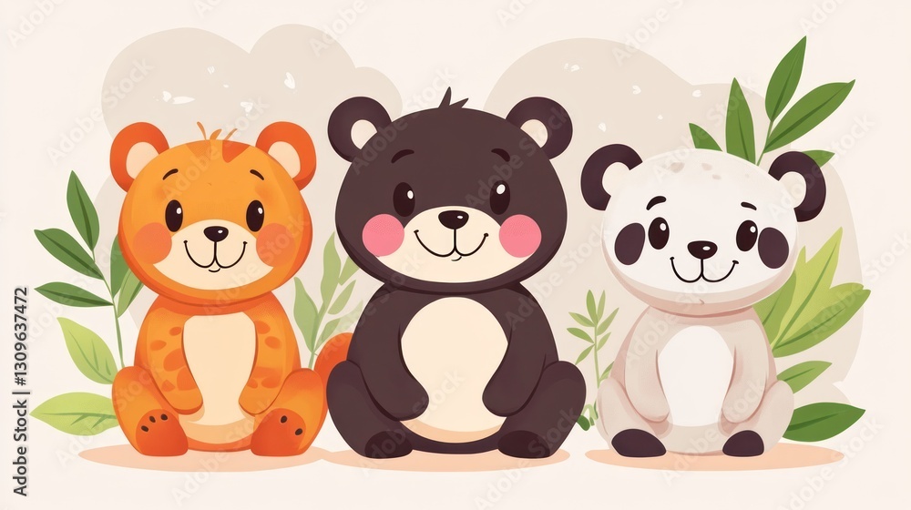 Naklejka premium Three cartoon bears sit together on a soft colored background