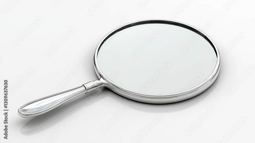 sleek, round hand mirror with silver handle on white background sleek, round hand mirror with silver handle on white background