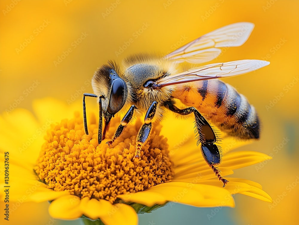 highly detailed close-up of a tiny bee collecting pollen from a golden yellow daisy.