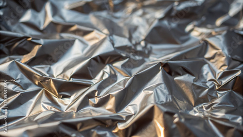 Crumpled aluminum foil with light reflections creates interesting texture