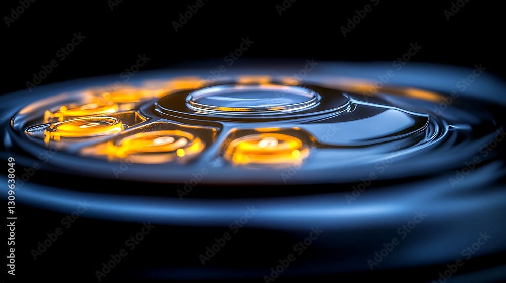 Close-up view of a glowing dial against a dark background, showcasing intricate details and reflections Close-up view of a glowing dial against a dark background, showcasing intricate details and reflections
