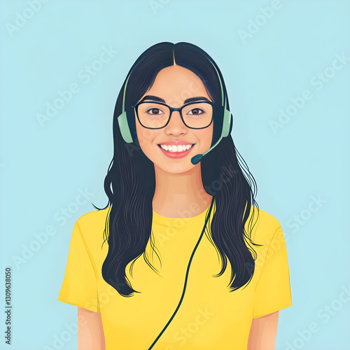 Friendly customer support representative wearing headset and glasses in bright yellow shirt against light blue background