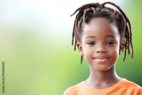 Portrait of a Young Girl - A smiling young girl with dreadlocks, wearing an orange shirt, against a blurred green background