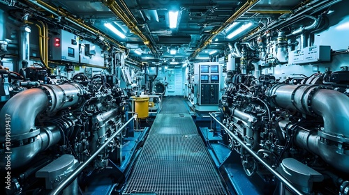 Intricate network of pipes valves and machinery inside the engine room of a large commercial cargo ship