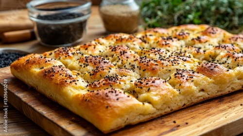 Wallpaper Mural Golden focaccia bread topped with savory caramelized onions and black sesame seeds rests beautifully on a wooden board. A warm aroma fills the kitchen, inviting all to savor its deliciousness Torontodigital.ca