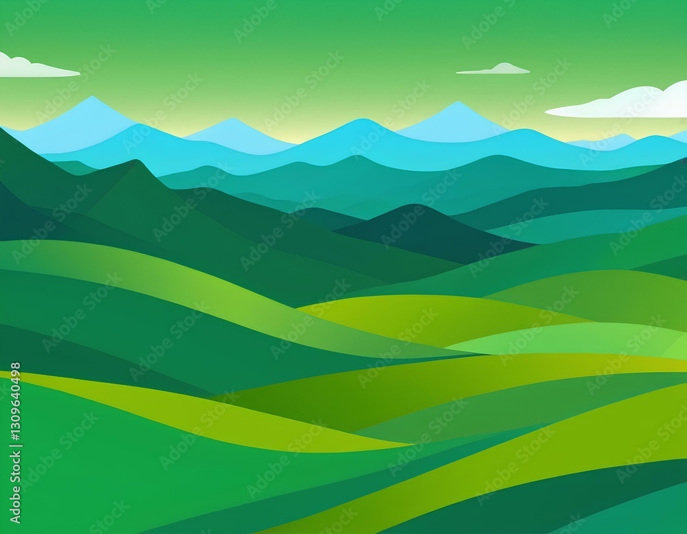 Flat Design Green Landscape with Hills and Mountains Flat Design Green Landscape with Hills and Mountains
