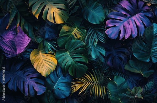 Vibrant Tropical Leaves in Shades of Green and Purple with Rich Textures and Variegated Patterns for Nature Background or Decorative Use