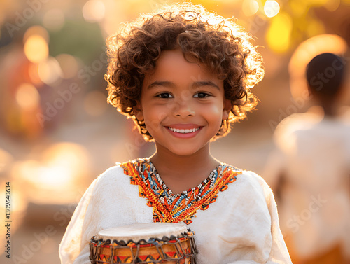 An African boy in national clothes with a drum photo