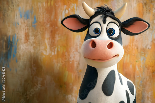 Smile of a friendly cartoon cow with big eyes and playful expression against a colorful background