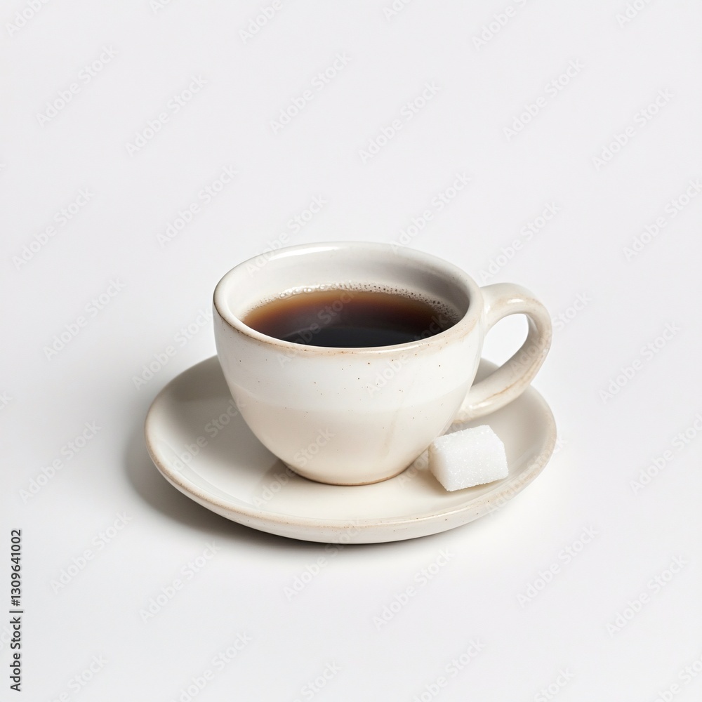 Aromatic Coffee in Elegant Cup with Sugar Cube on Saucer White Background Aromatic Coffee in Elegant Cup with Sugar Cube on Saucer White Background