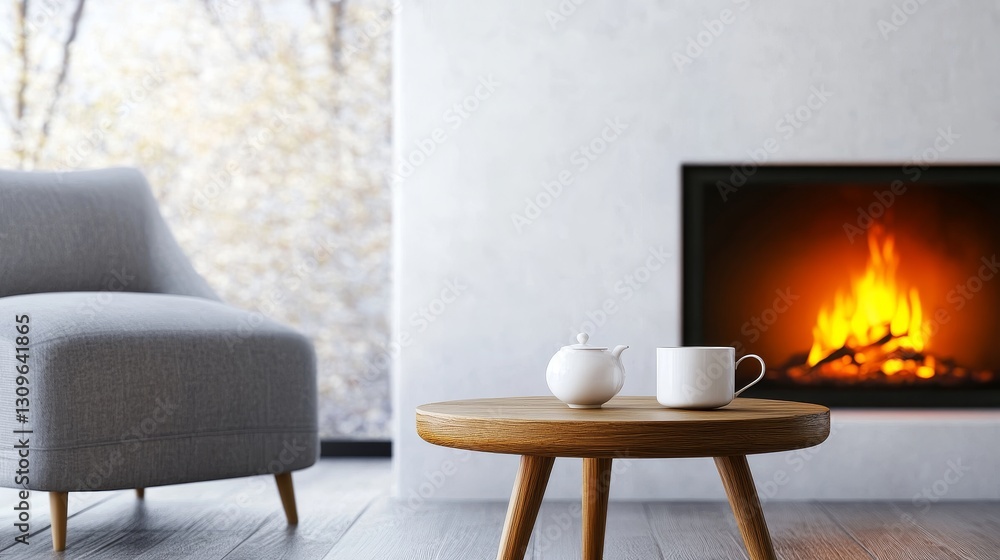 Scandinavian Hygge: Warm Fireplace and Cozy Chair - A serene Scandinavian interior featuring a warm fireplace, a cozy armchair, and a table with tea set. Concepts: tranquility, warmth, comfort Scandinavian Hygge: Warm Fireplace and Cozy Chair - A serene Scandinavian interior featuring a warm fireplace, a cozy armchair, and a table with tea set. Concepts: tranquility, warmth, comfort