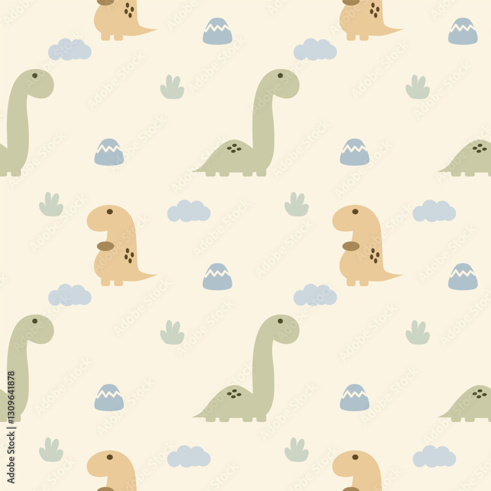 Obraz premium Dinosaur cartoon so cute. On mountain cloud grass background. Pattern seamless vector illustration. 