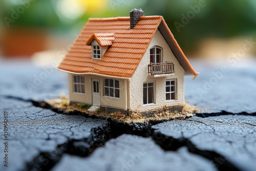 Miniature house model on tilted surface with crack running beneath
