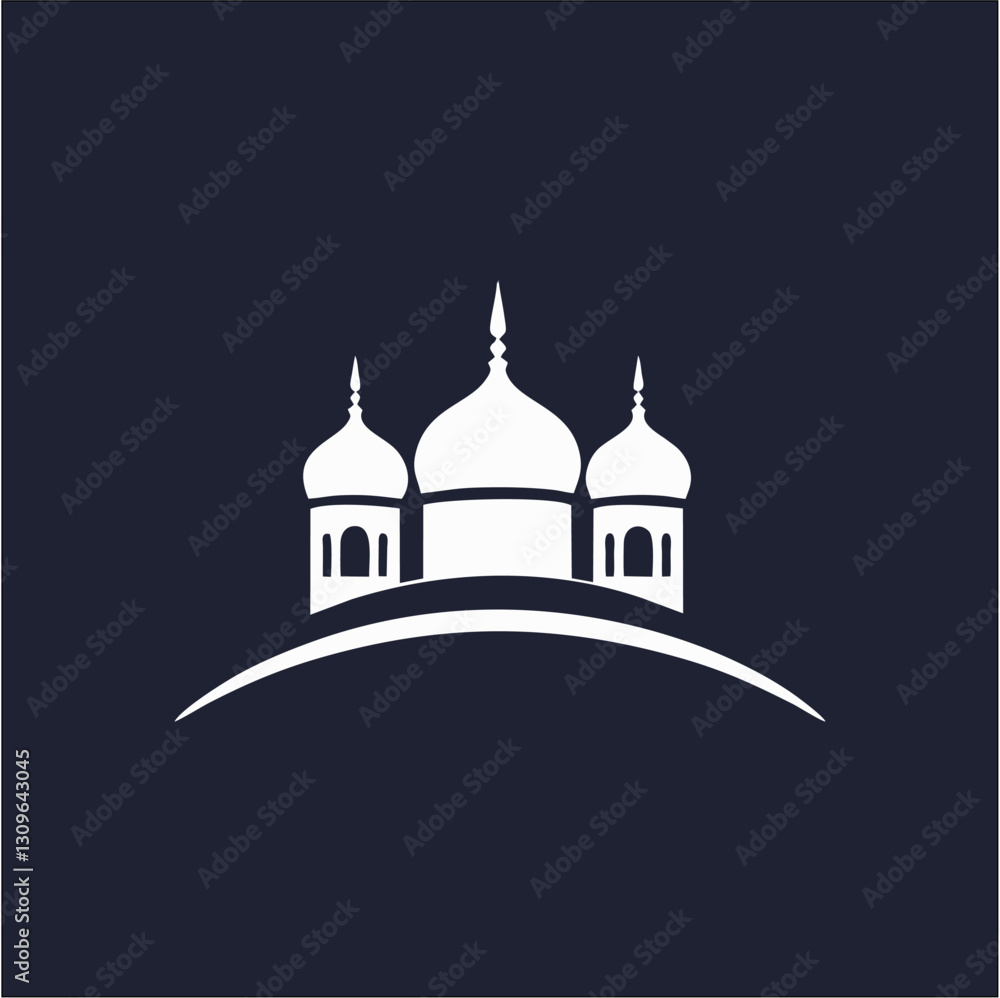 Obraz premium Islamic mosque and crescent moon with lanterns. Eid Mubarak logo. vector illustration