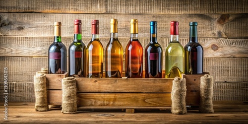 Wine bottles arranged in a wooden crate with burlap background, monthly delivery, gift, rustic, subscription, bottle gift set
