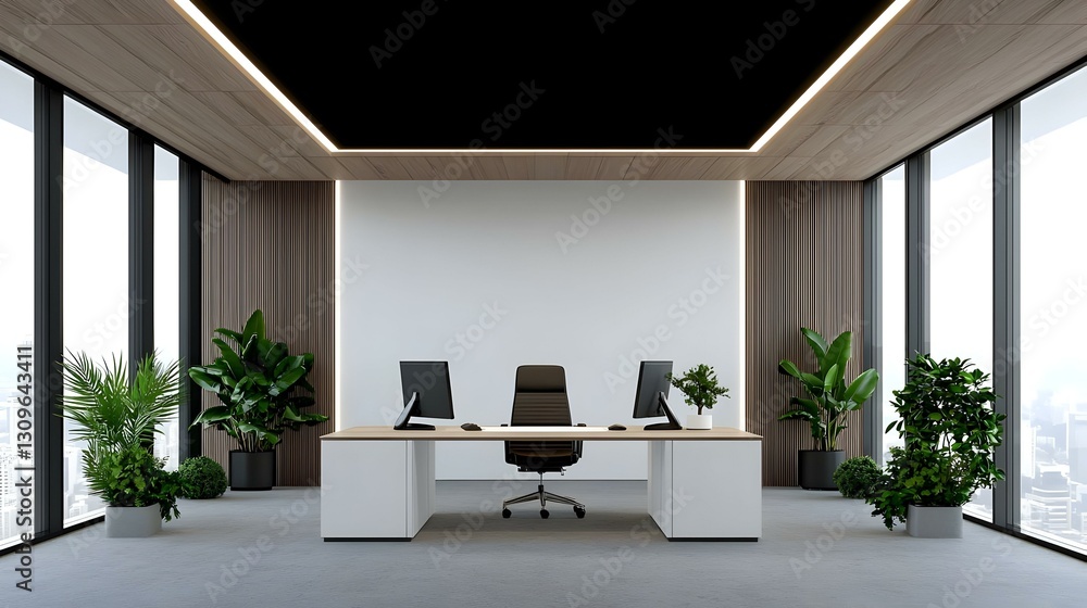 Fototapeta premium Modern Minimalist Office Design with Green Plants and Natural Light
