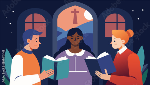 In the peaceful corner of the church the book club members immerse themselves in thoughtprovoking discussions finding solace and inspiration in the. Vector illustration