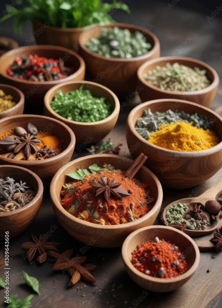 Wooden bowls with a mix of aromatic spices and herbs, seasonings, spices, culinary photography, herbs, organic cooking Wooden bowls with a mix of aromatic spices and herbs, seasonings, spices, culinary photography, herbs, organic cooking