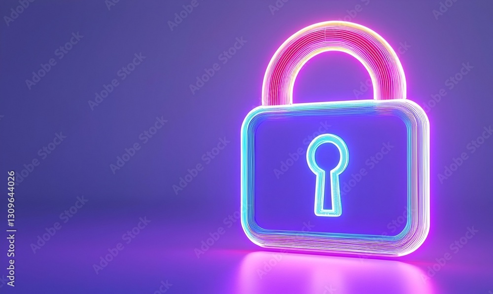 Neon Lock Symbol with Keyhole on a Dark Background Neon Lock Symbol with Keyhole on a Dark Background