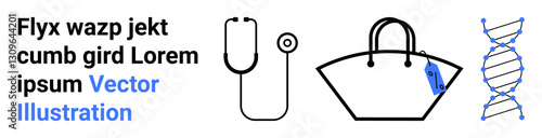 Stethoscope, stylish handbag, and detailed DNA helix emphasizing medicine, modern fashion, and biotechnology. Ideal for healthcare, retail, genetics, innovation lifestyle medical research flat