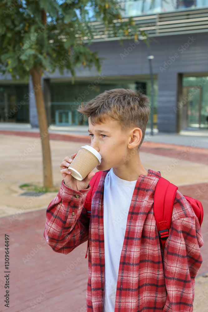 Fototapeta premium Teenager drinking coffee to go and enjoying downtime outdoors