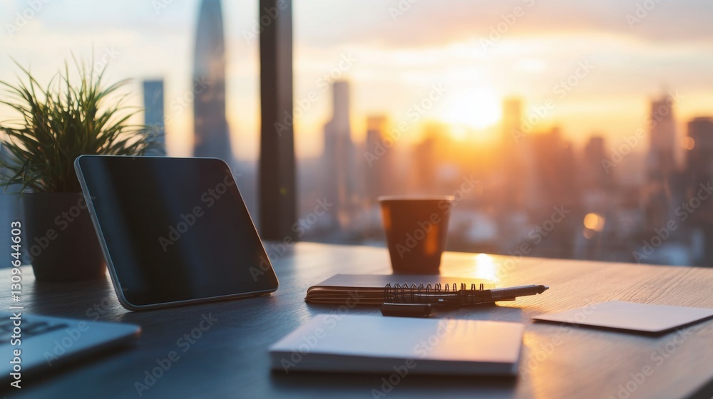 Fototapeta premium Sunset cityscape view from office desk with tablet, laptop, notebook, and coffee cup.