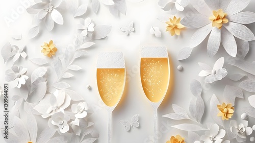 Minimalist Paper Cut Design of Champagne Glasses Clinking for 2026 New Year Elegant and Festive Concept with Floral and Butterfly Elements