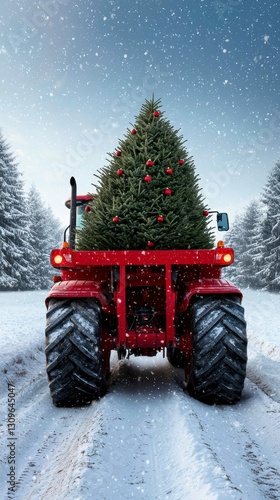 Red Tractor Carrying Decorated Christmas Tree Through Snowy Landscape For Festive Season Celebration