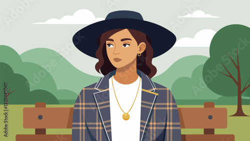 A model sitting on a park bench wearing a thrifted plaid blazer over a plain white tshirt accessorized with layers of delicate necklaces and a. Vector illustration