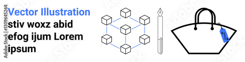 Blockchain cubes connected in a network, fountain pen symbolizing communication, and handbag representing retail. Ideal for technology, writing, e-commerce, education, innovation, blockchain flat